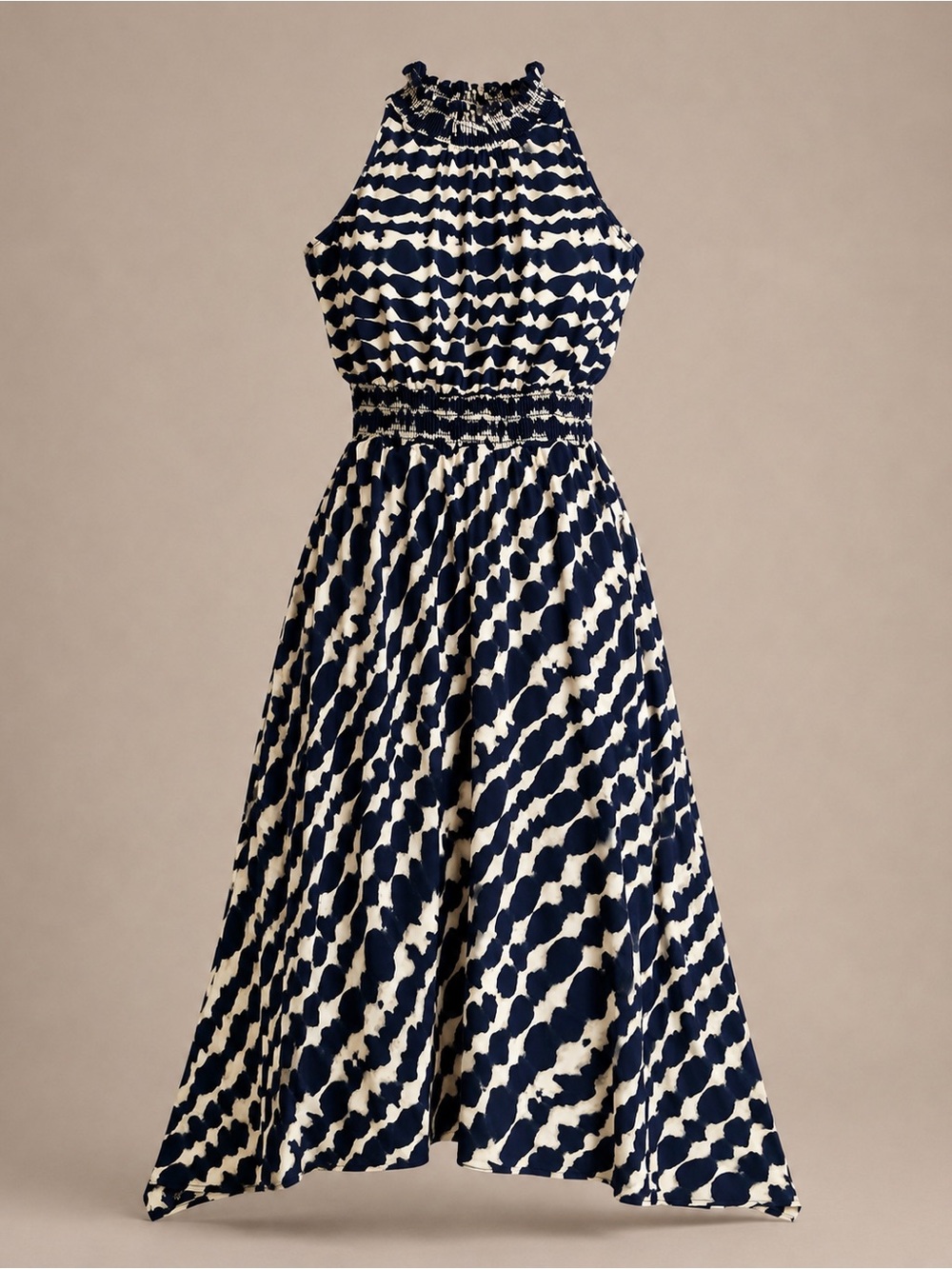 NWT Veronica M Navy White Smocked Halter Maxi Dress L